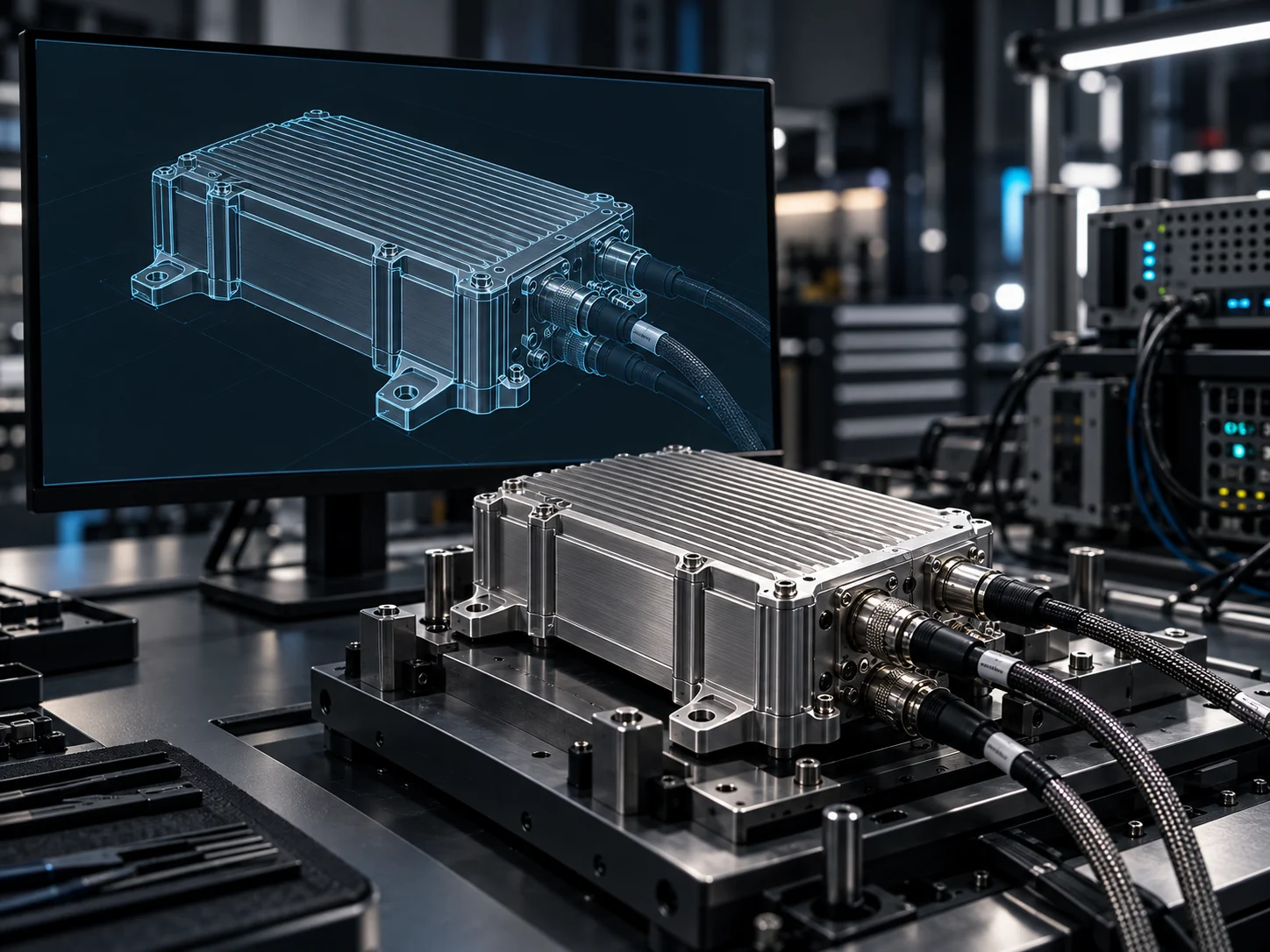 A 3D model of a finned electronics enclosure on a monitor beside the matching physical unit, cabled into a test fixture