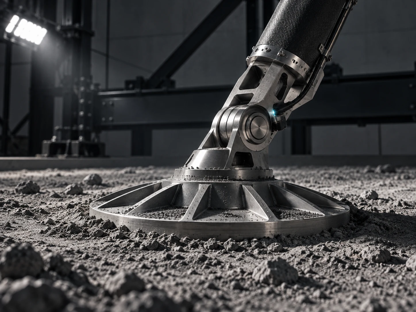 Mechanical arm and footpad in a ground-based regolith test environment