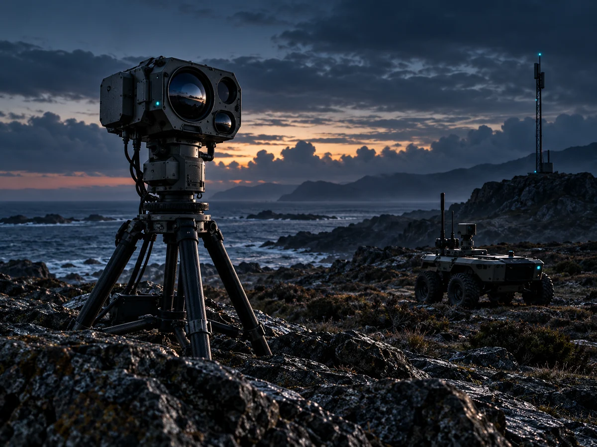 Tripod-mounted optical sensor and an autonomous ground vehicle on a rocky coastline at dusk