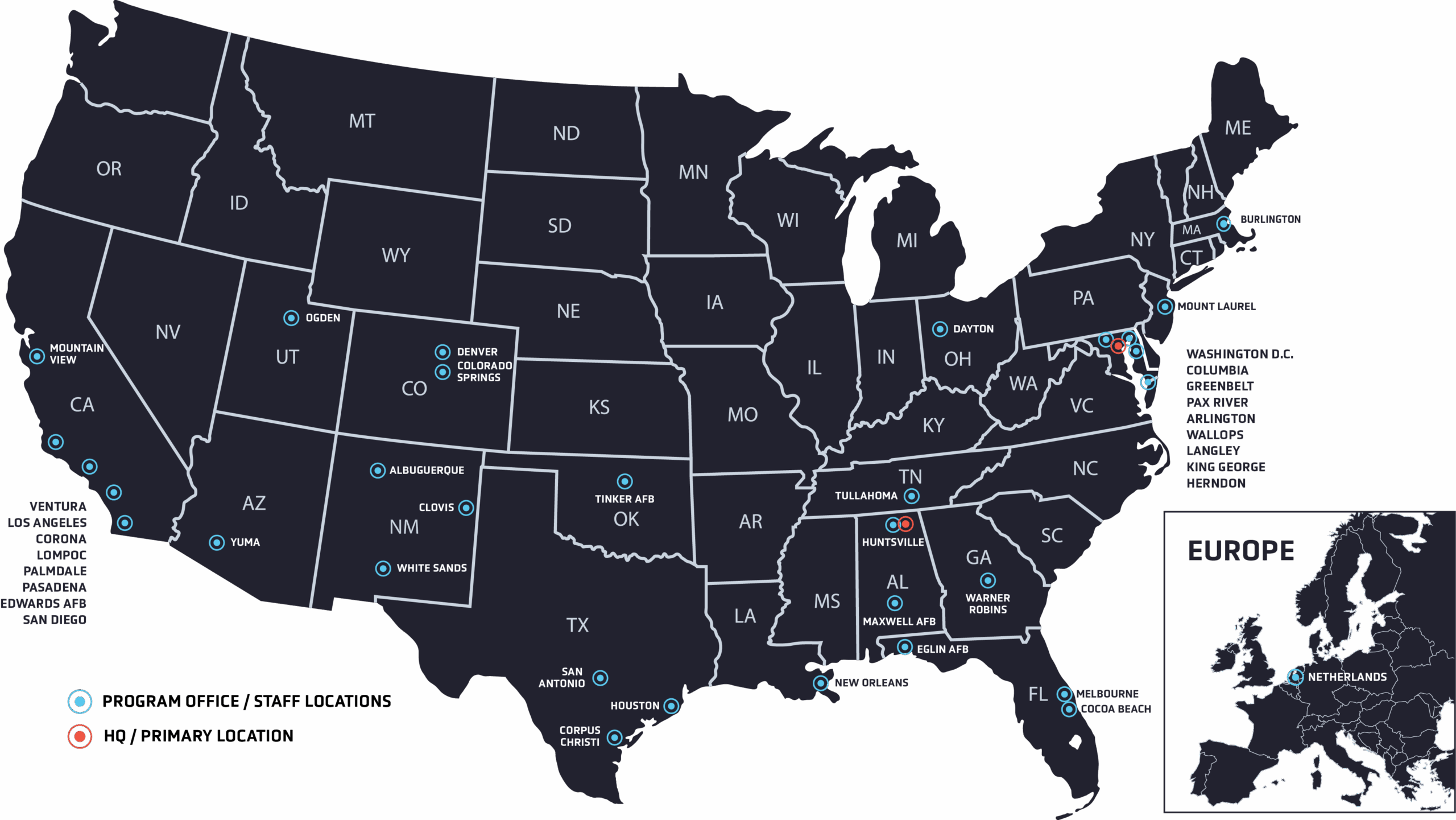 Dark-themed map showing U.S. and European locations of government or defense-related organization Astrion. A red circle marks the headquarters in Huntsville, Alabama and Washington D.C.. Blue circles indicate program offices and staff locations in multiple U.S. cities, including:
* California: Ventura, Los Angeles, Corona, Lompoc, Palmdale, Pasadena, Edwards AFB, San Diego, Mountain View
* Texas: San Antonio, Houston, Corpus Christi
* Florida: Eglin AFB, Melbourne, Cocoa Beach
* New Mexico: Albuquerque, Clovis, White Sands
* Colorado: Denver, Colorado Springs
* Arizona: Yuma
* Utah: Ogden
* Oklahoma: Tinker AFB
* Ohio: Dayton
* Tennessee: Tullahoma
* Georgia: Warner Robins
* Mississippi: Stennis Space Center
* Virginia: Columbia, Greenbelt, Pasadena, Arlington, Wallops, Langley, King George, Herndon
* Maryland: Laurel
* Delaware: Wilmington
* Alabama: Maxwell AFB
* Louisiana: New Orleans
Inset map of Europe shows one international location in the Netherlands.
This image supports organizational transparency and geographic reach for federal, defense, aerospace, or research programs.